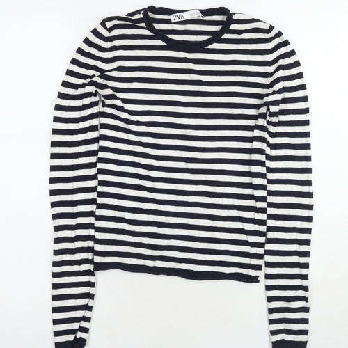 Zara Womens Blue Round Neck Striped Polyester Pullover Jumper Size S