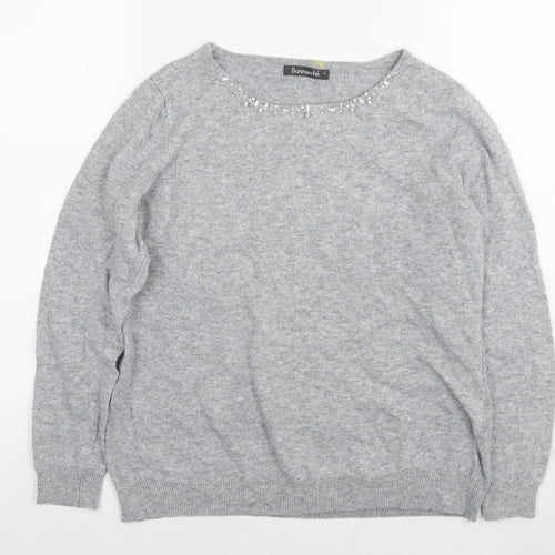 Bonmarché Womens Grey Round Neck Polyester Pullover Jumper Size L - Jeweled Detail