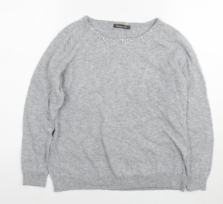 Bonmarché Womens Grey Round Neck Polyester Pullover Jumper Size L - Jeweled Detail