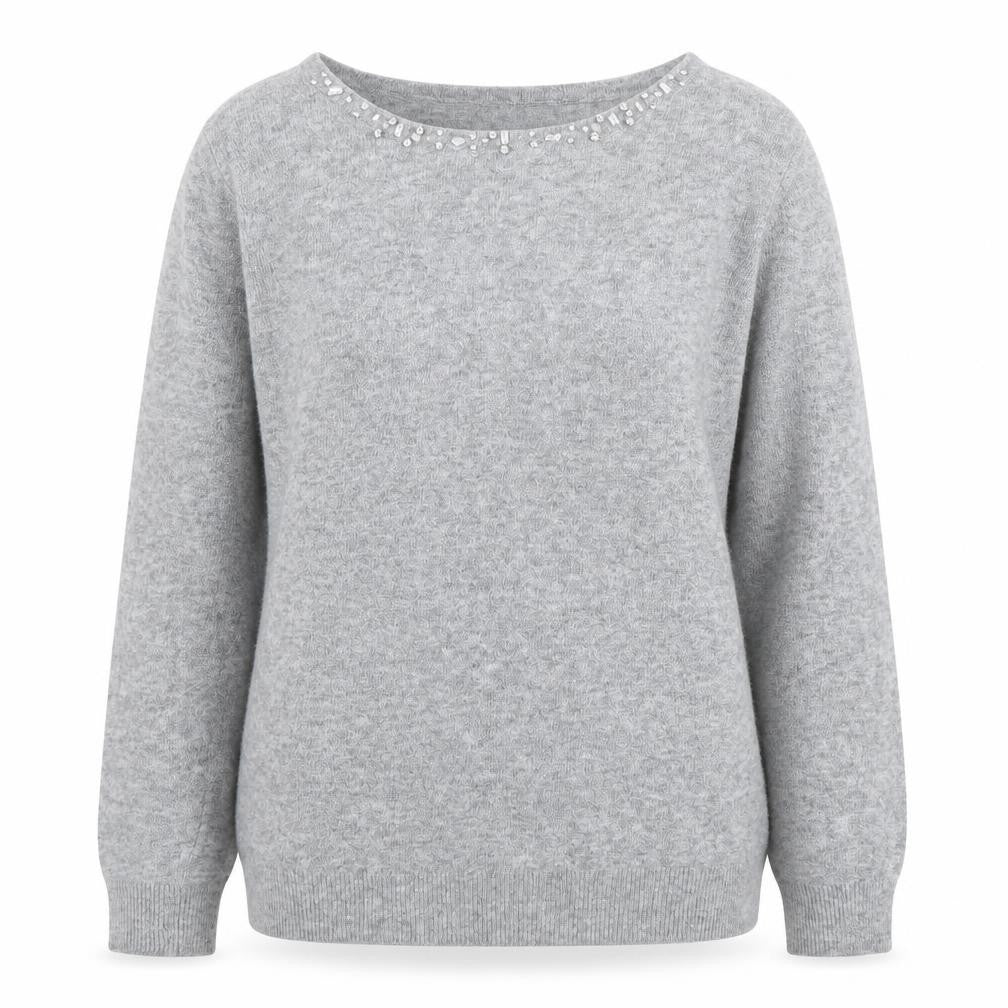 Bonmarché Womens Grey Round Neck Polyester Pullover Jumper Size L - Jeweled Detail