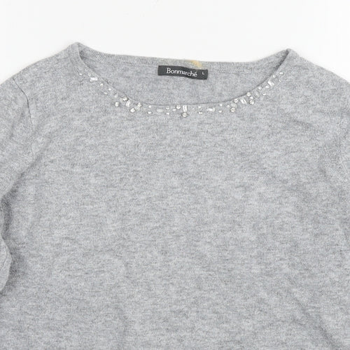 Bonmarché Womens Grey Round Neck Polyester Pullover Jumper Size L - Jeweled Detail
