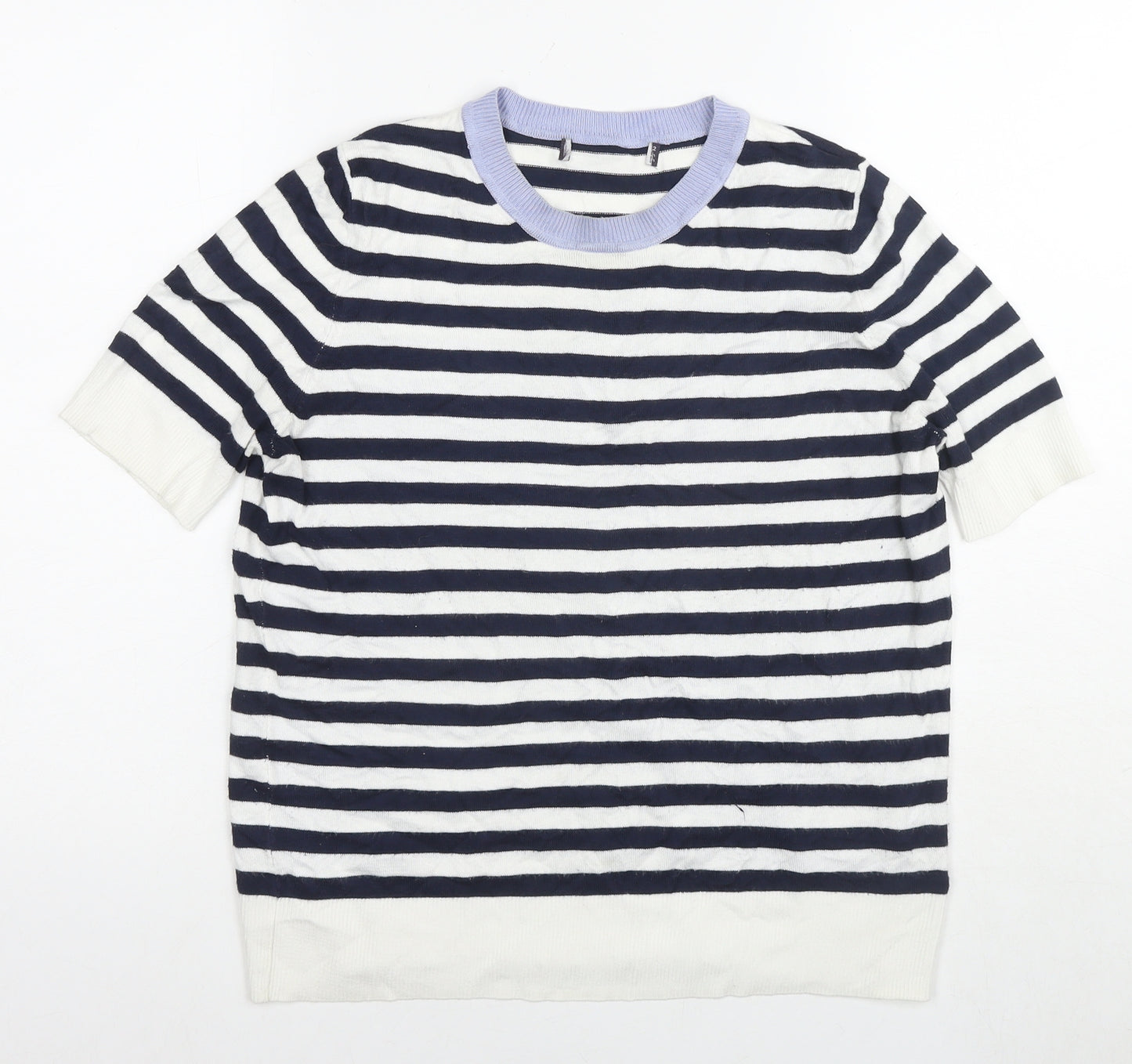 Marks and Spencer Womens Blue Striped Viscose Basic T-Shirt Size 12 Round Neck
