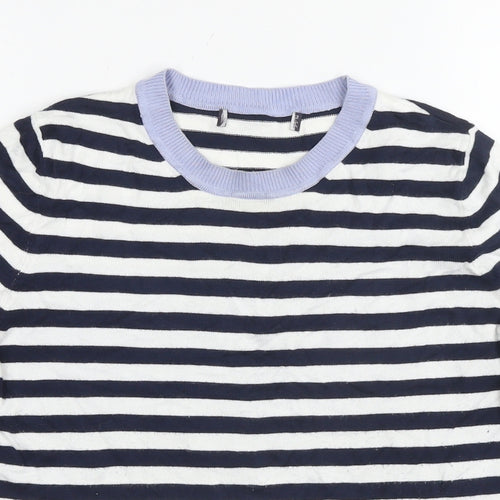 Marks and Spencer Womens Blue Striped Viscose Basic T-Shirt Size 12 Round Neck