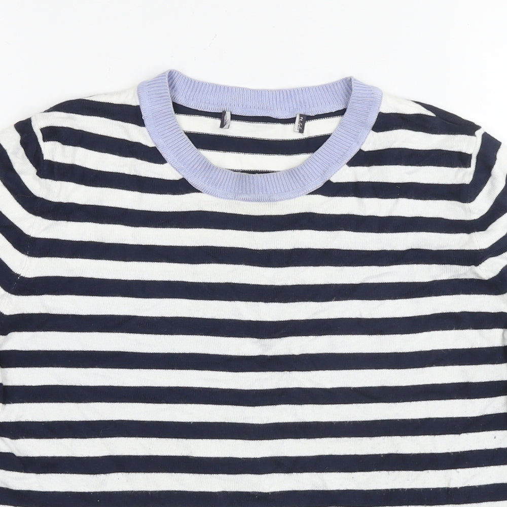 Marks and Spencer Womens Blue Striped Viscose Basic T-Shirt Size 12 Round Neck