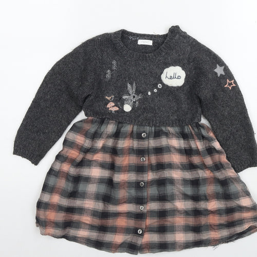 NEXT Girls Grey Check Acrylic Jumper Dress Size 2-3 Years Round Neck Pullover