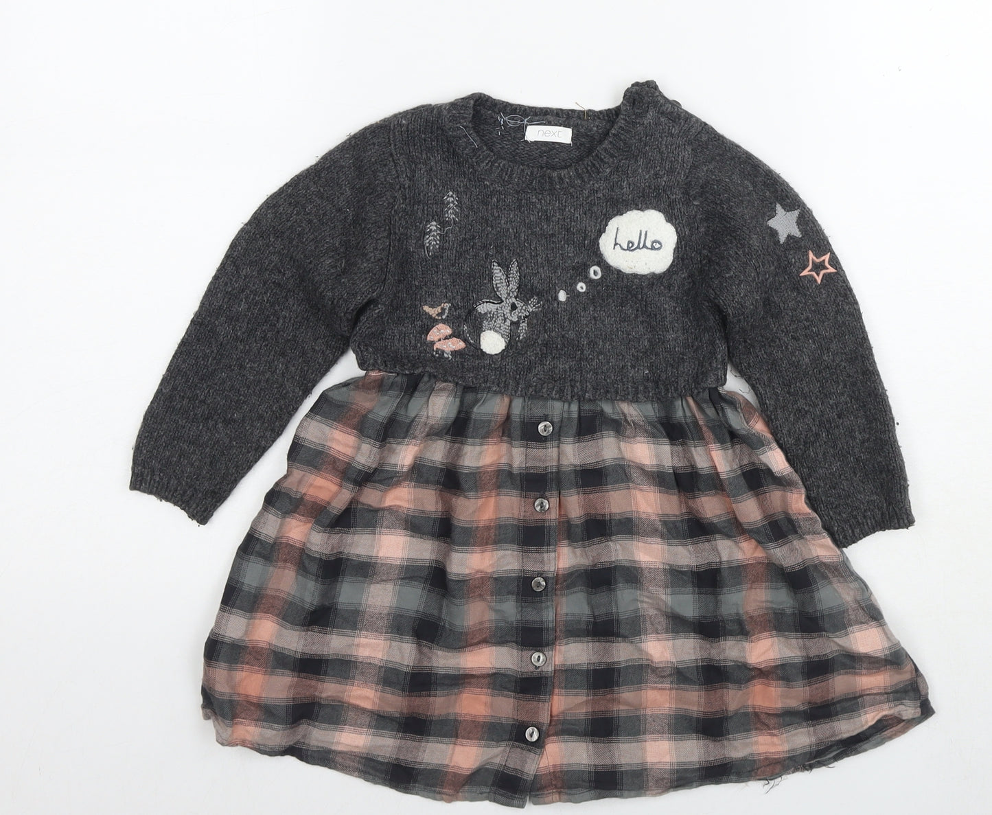 NEXT Girls Grey Check Acrylic Jumper Dress Size 2-3 Years Round Neck Pullover