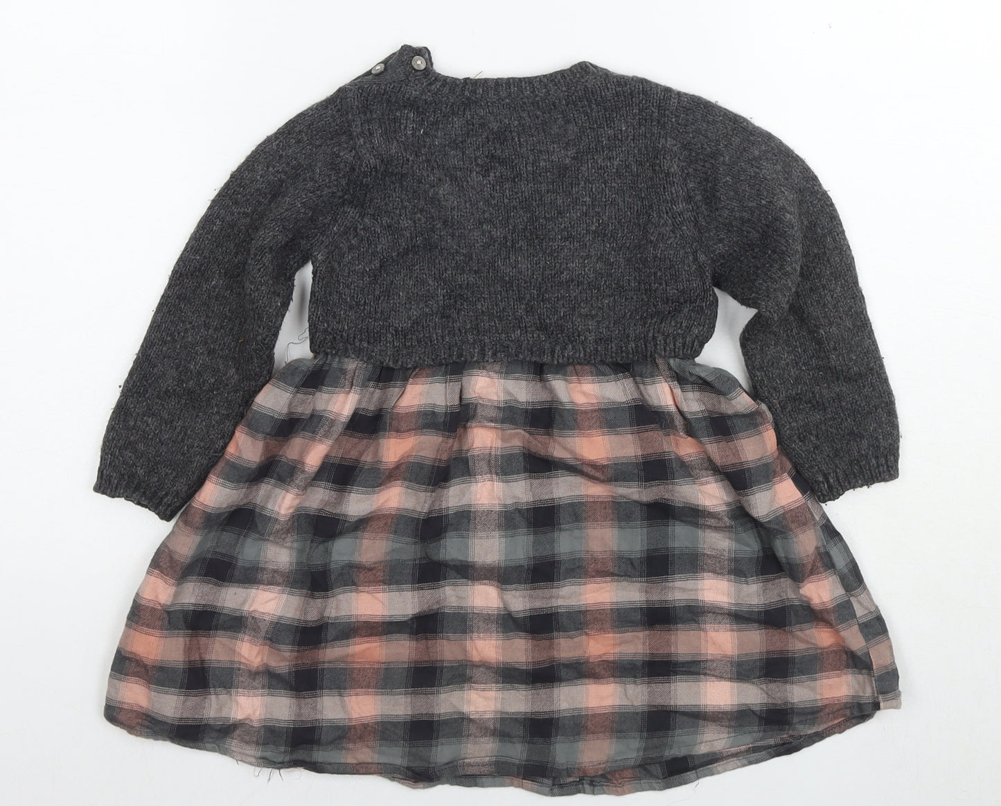 NEXT Girls Grey Check Acrylic Jumper Dress Size 2-3 Years Round Neck Pullover