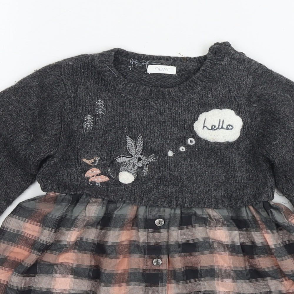 NEXT Girls Grey Check Acrylic Jumper Dress Size 2-3 Years Round Neck Pullover