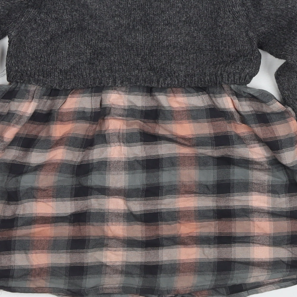 NEXT Girls Grey Check Acrylic Jumper Dress Size 2-3 Years Round Neck Pullover