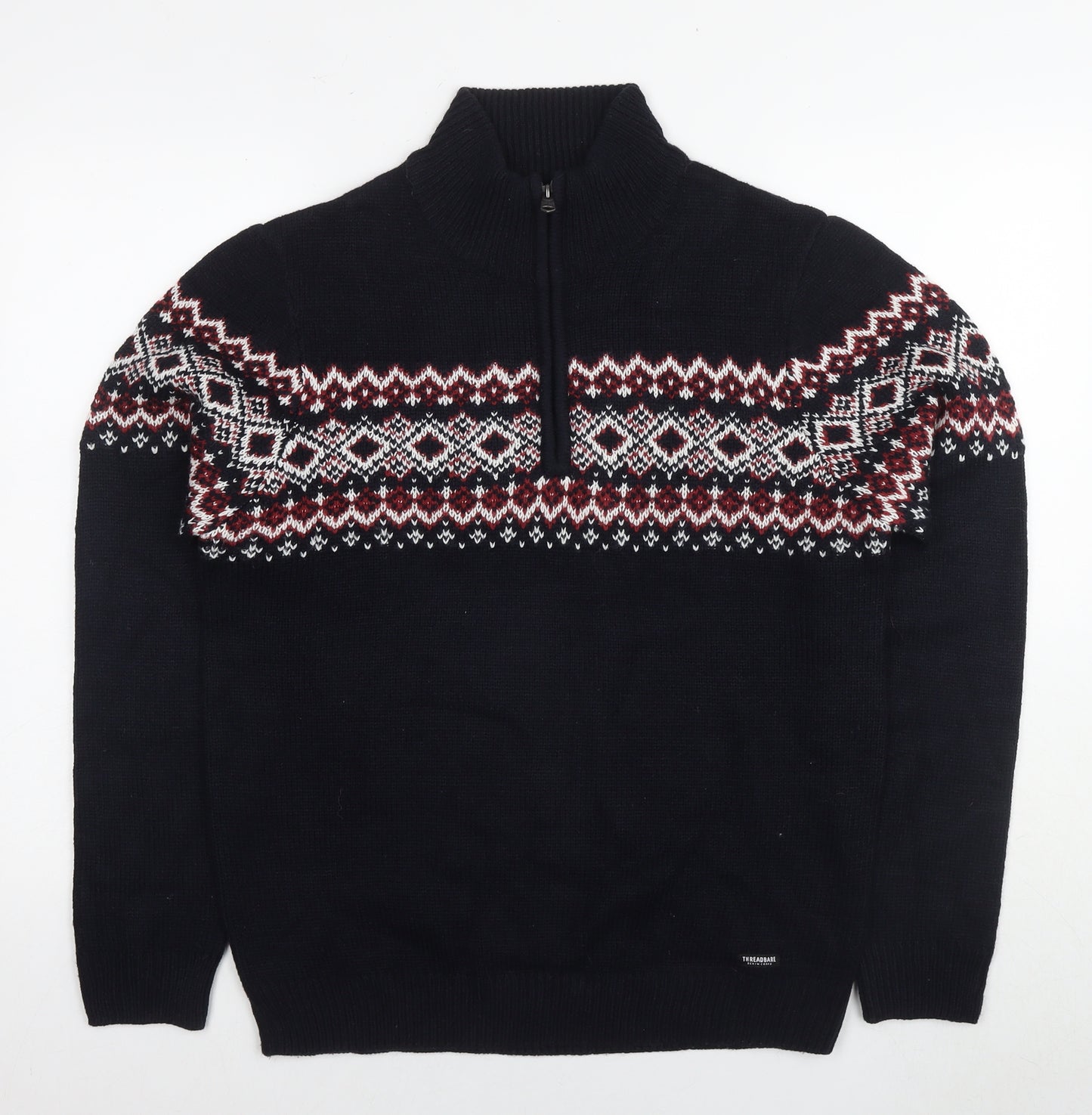 Threadbare Mens Black Round Neck Fair Isle Acrylic Pullover Jumper Size M Long Sleeve