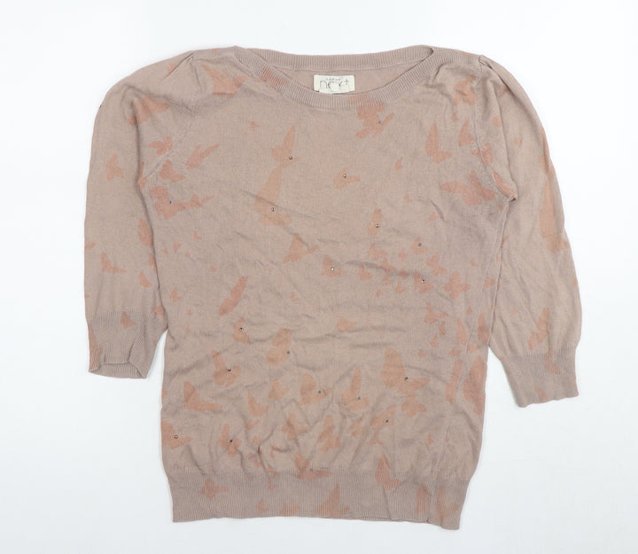 NEXT Womens Beige Round Neck Geometric Cotton Pullover Jumper Size 10 - Embellishment Detail
