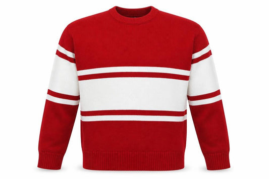 Front view of Topman men’s red round neck acrylic jumper, size S, long sleeve