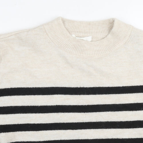 H&M Womens Beige Round Neck Striped Polyester Pullover Jumper Size S