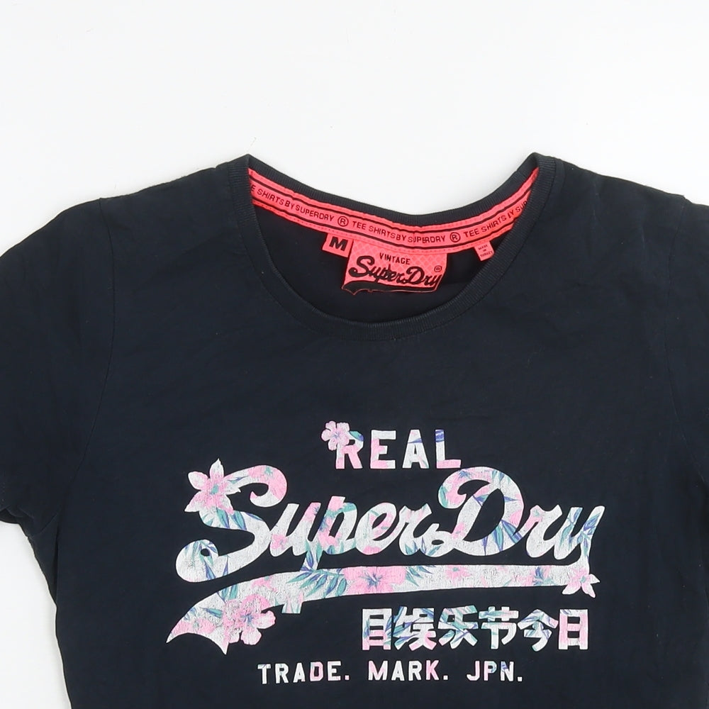Superdry Womens Blue Cotton Basic T-Shirt Size M Round Neck - Logo