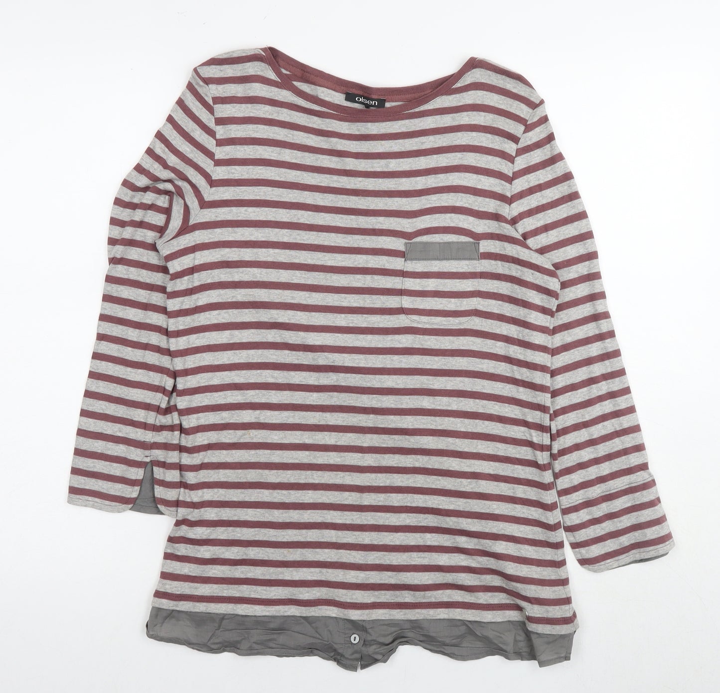 Olsen Womens Grey Striped Cotton Tunic T-Shirt Size 14 Round Neck