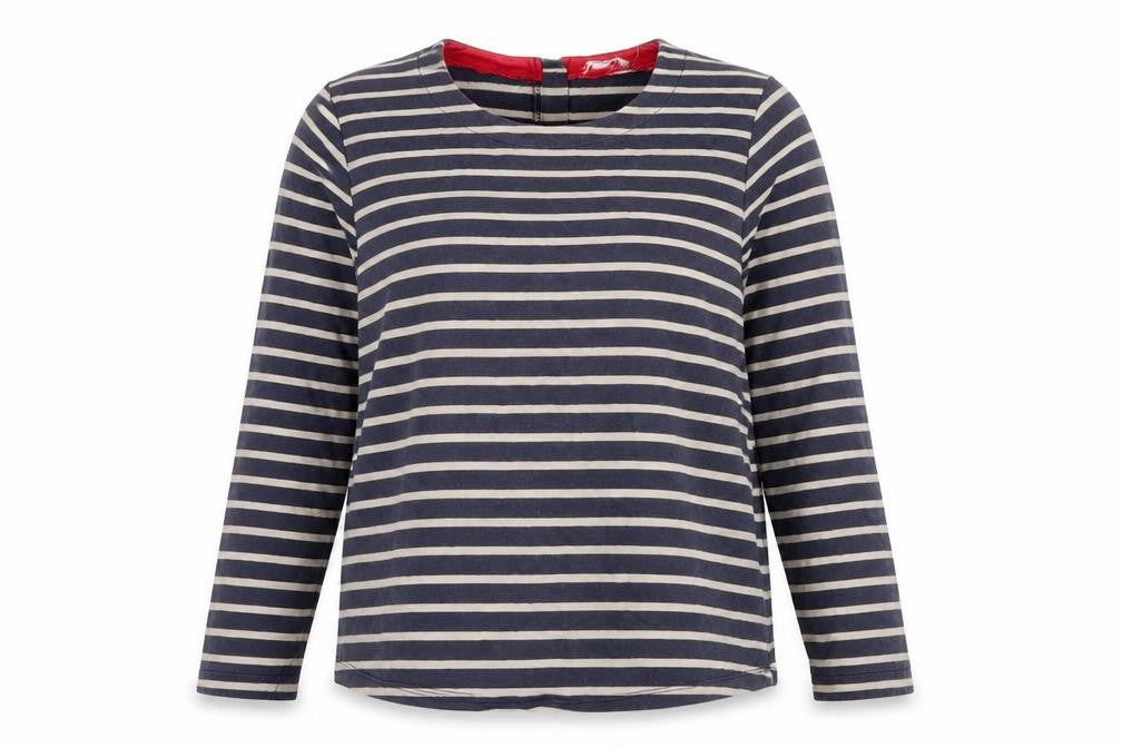 Front view of Tulchan women’s blue striped cotton basic t-shirt, size UK 12, round neck
