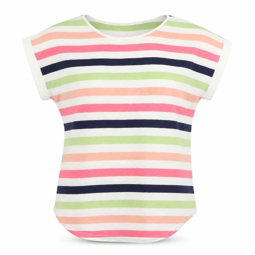 Front view of Oasis women’s multicoloured striped viscose basic t-shirt, size M, round neck