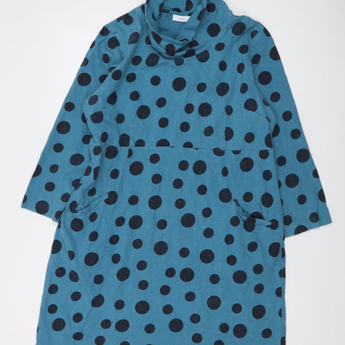 Adnini Womens Blue Polka Dot Cotton A-Line Size 16 Roll Neck Pullover