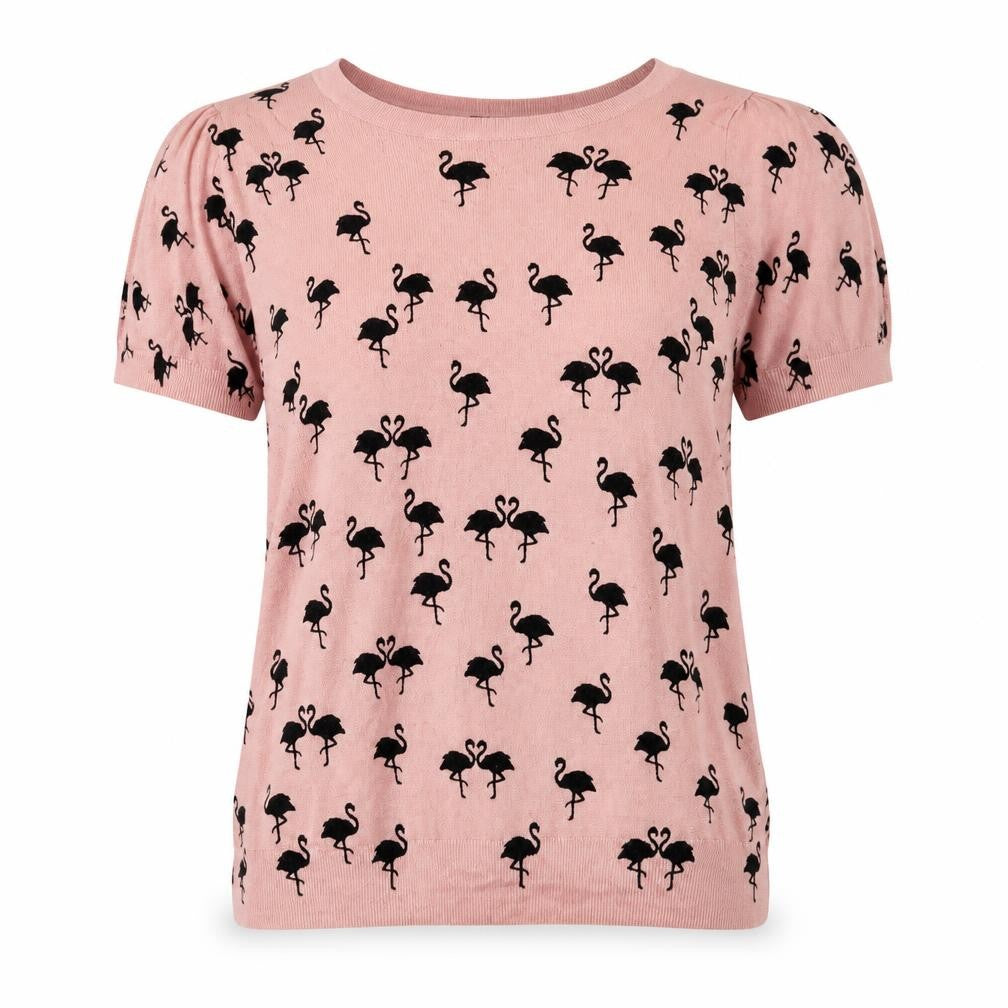 Front view of South women’s pink round neck geometric viscose jumper, size UK 18