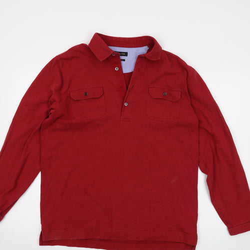 Massimo Dutti Mens Red Cotton Polo Size L Collared Button