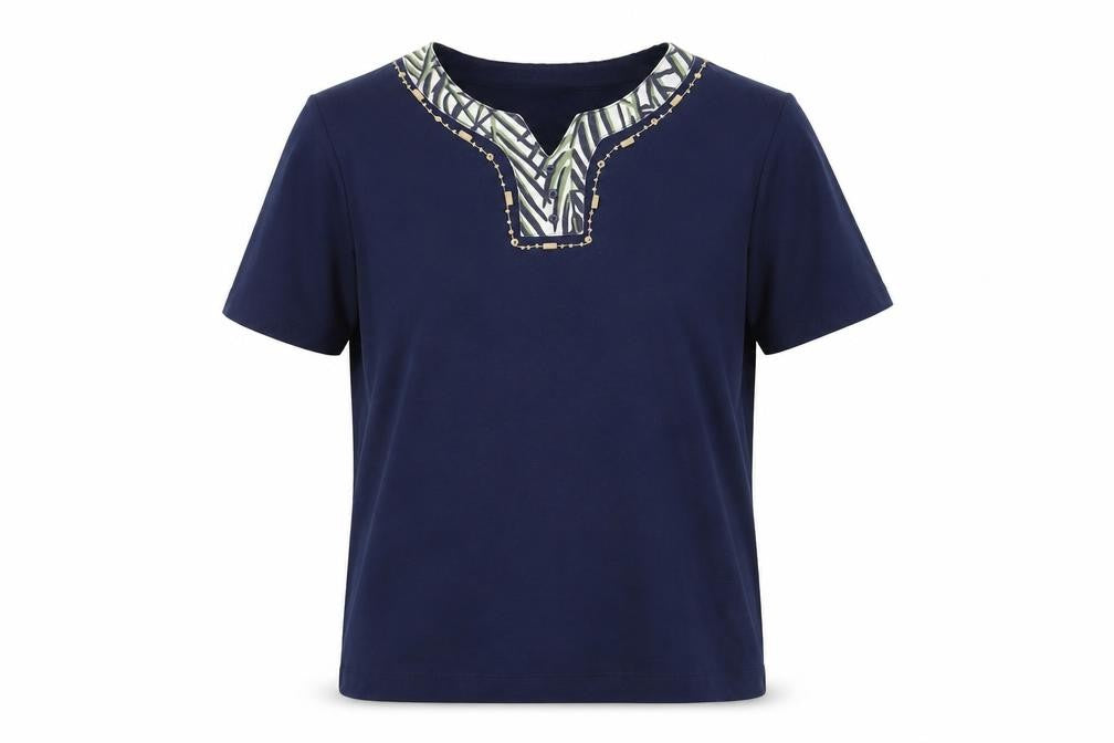Front view of Poppyr women’s blue polyester basic t-shirt, size UK 10, v-neck