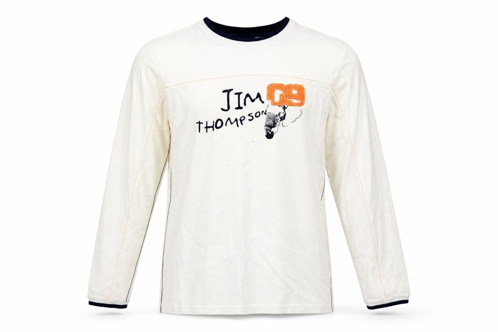 Front view of Jim Thompson boys’ ivory cotton basic t-shirt, size L, crew neck pullover