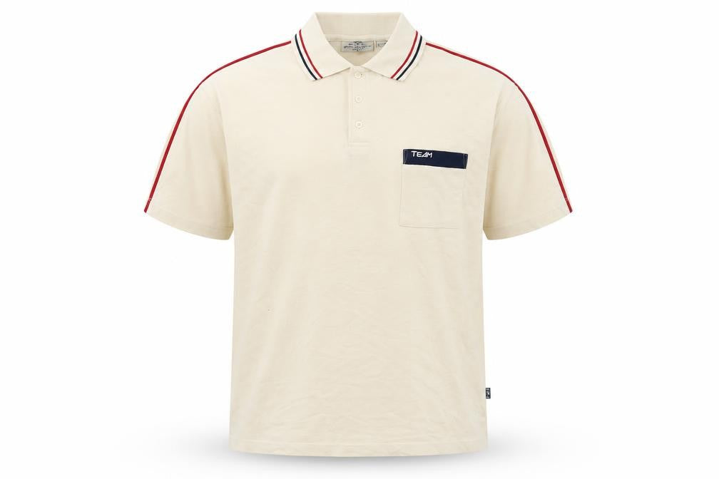Front view of Mauro Gesandro men’s beige cotton polo, size L, collared button
