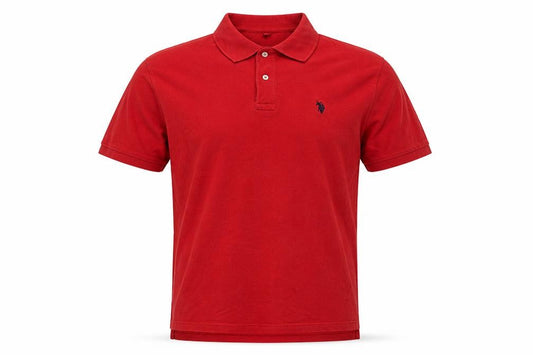 Front view of U.S. Polo Assn. men’s red cotton polo, size L, collared button