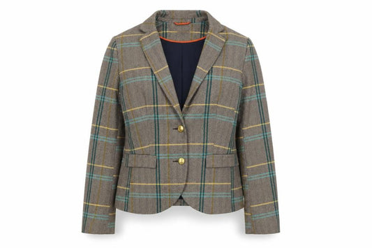 Front view of Holly & Whyte women’s beige plaid jacket, size UK 14, button