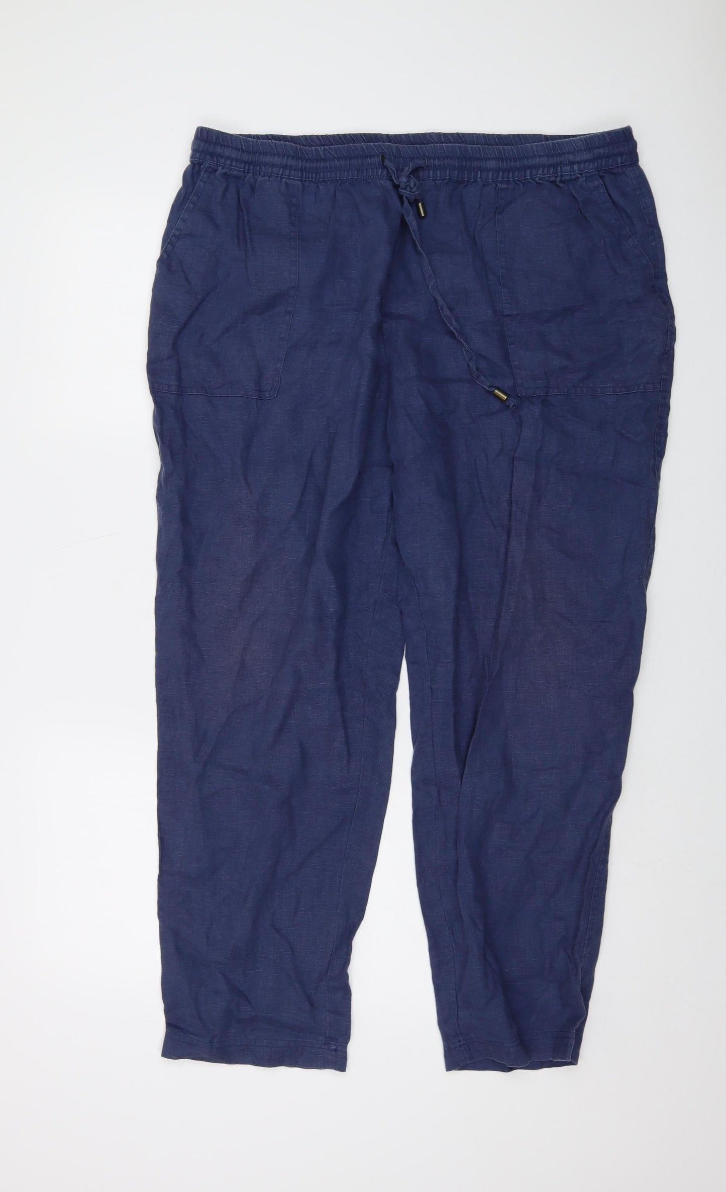 Woolovers Womens Blue Linen Trousers Size 18 L27 in Regular Drawstring