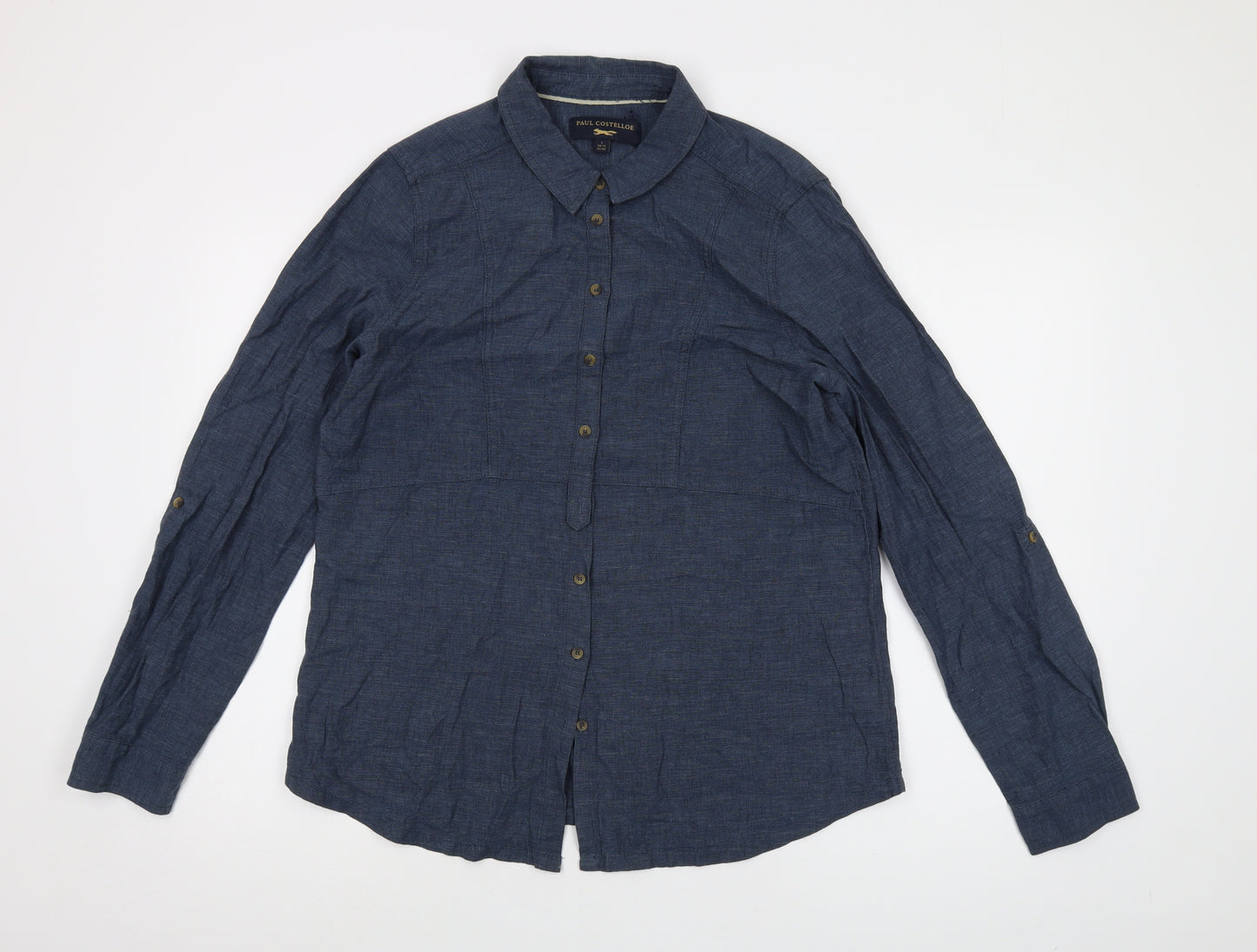 Paul Costelloe Womens Blue Linen Basic Button-Up Size 14 Collared