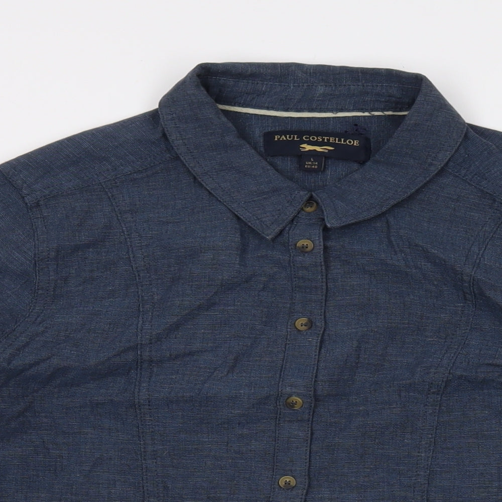 Paul Costelloe Womens Blue Linen Basic Button-Up Size 14 Collared