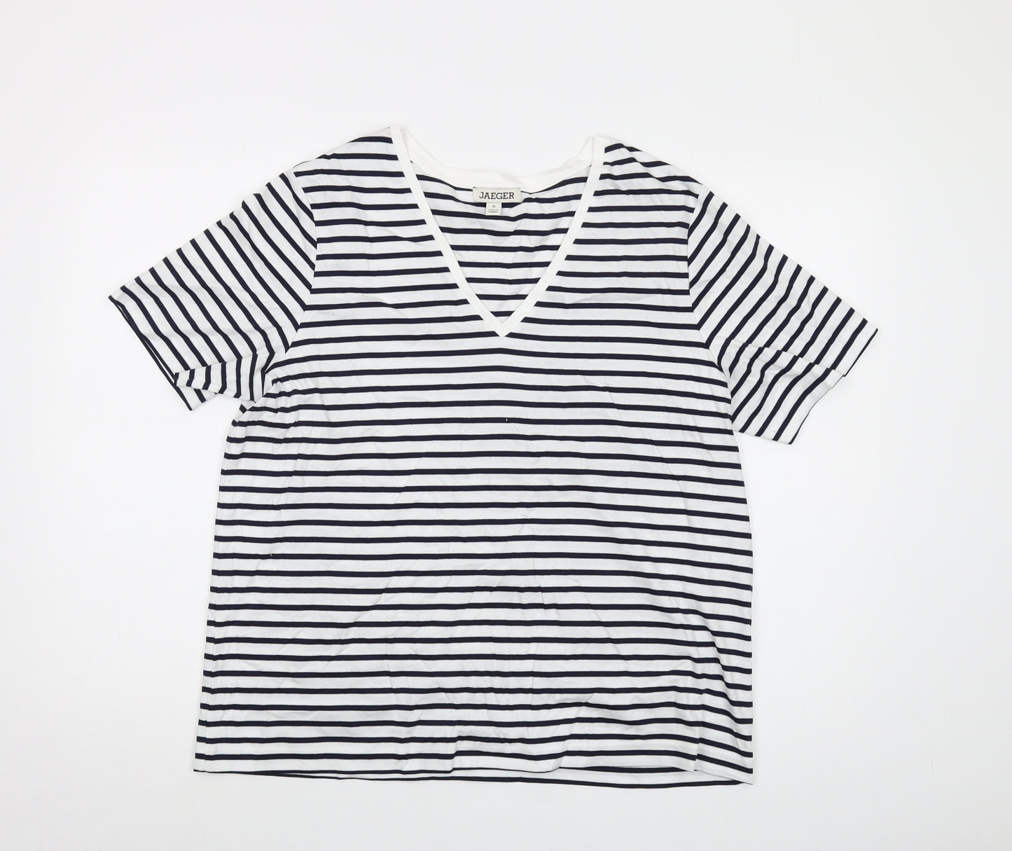 Jaeger Womens Blue Striped Cotton Basic T-Shirt Size 16 V-Neck