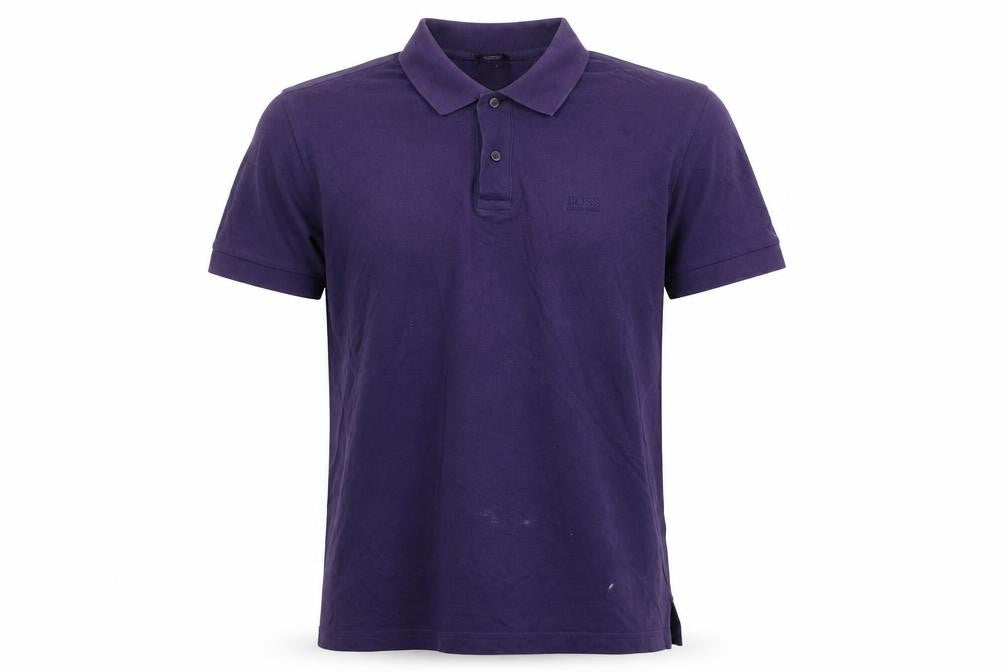 Front view of BOSS men’s purple cotton polo, size M, collared button