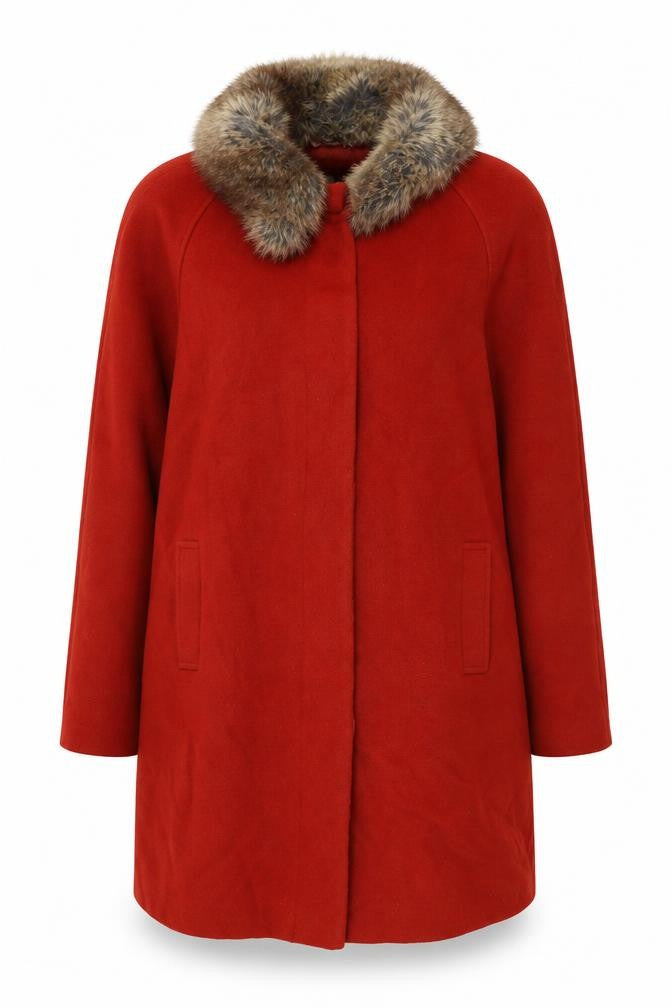 Front view of Dickins & Jones women’s red overcoat coat, size UK 18, button