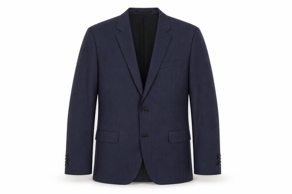 Front view of BOSS men’s blue striped wool jacket suit jacket, size 42, regular