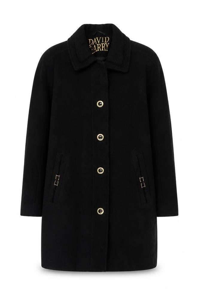 Front view of David Barry women’s black overcoat coat, size UK 14, button