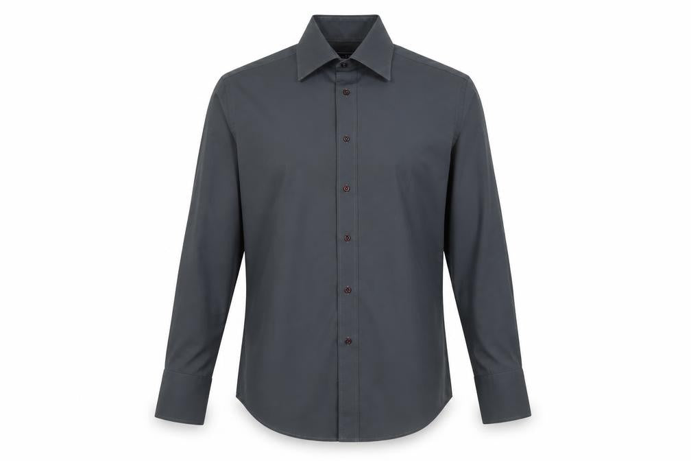 Front view of Guide of London men’s grey cotton button-up, size L, collared button