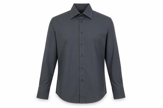 Front view of Guide of London men’s grey cotton button-up, size L, collared button
