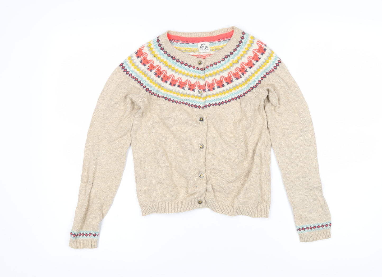Boden Girls Beige Round Neck Fair Isle Cotton Cardigan Jumper Size 9-10 Years Button - Foxes
