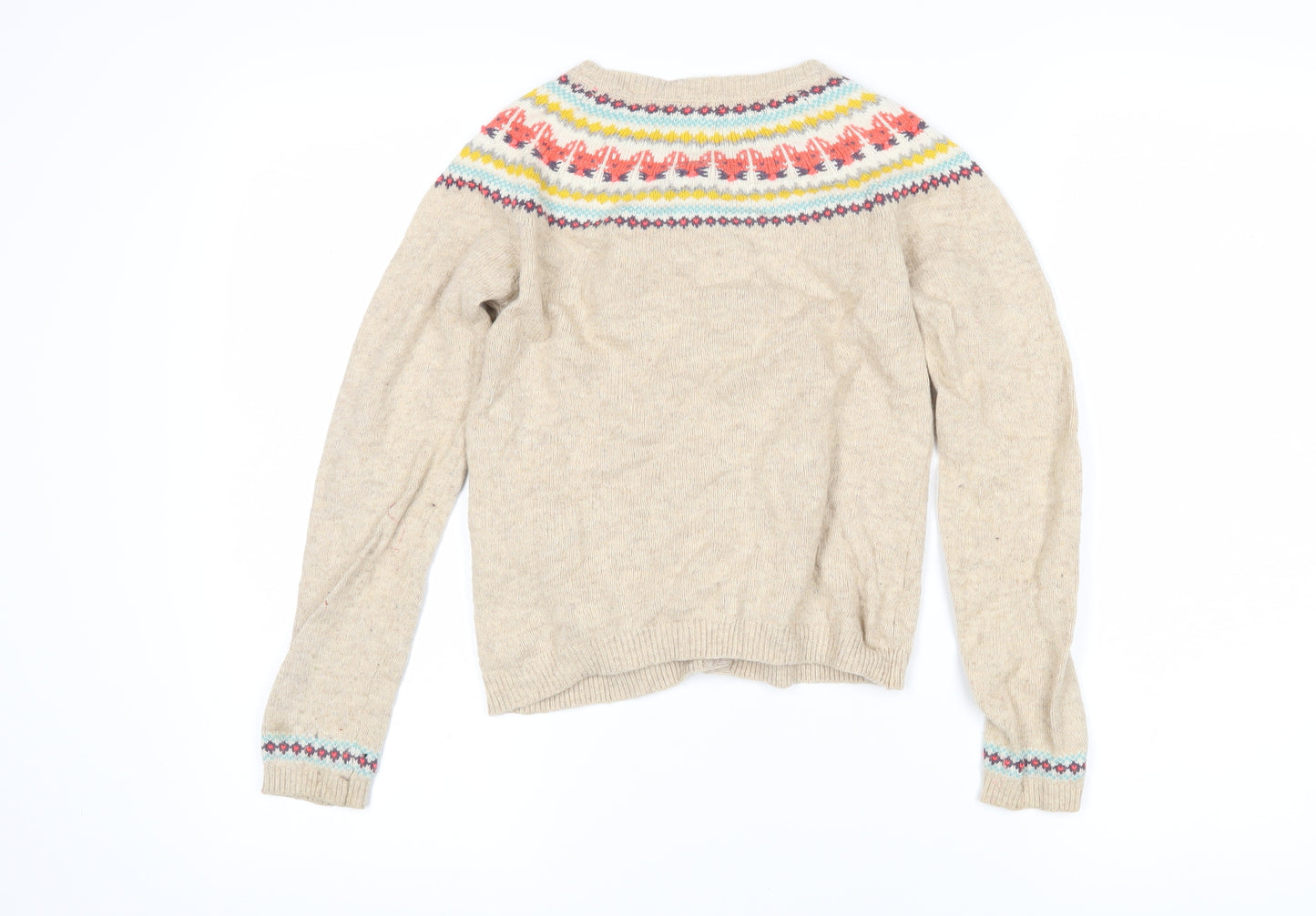 Boden Girls Beige Round Neck Fair Isle Cotton Cardigan Jumper Size 9-10 Years Button - Foxes