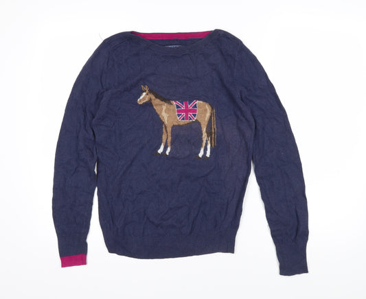 Joules Womens Blue Boat Neck Cotton Pullover Jumper Size 10 - Horse