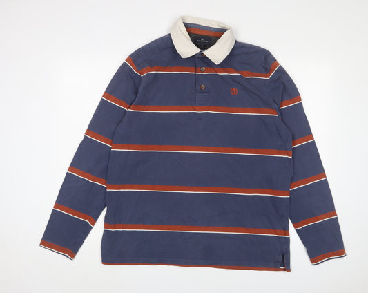 Blue Harbour Mens Blue Striped Cotton Polo Size L Collared Button - Logo, Embroidered