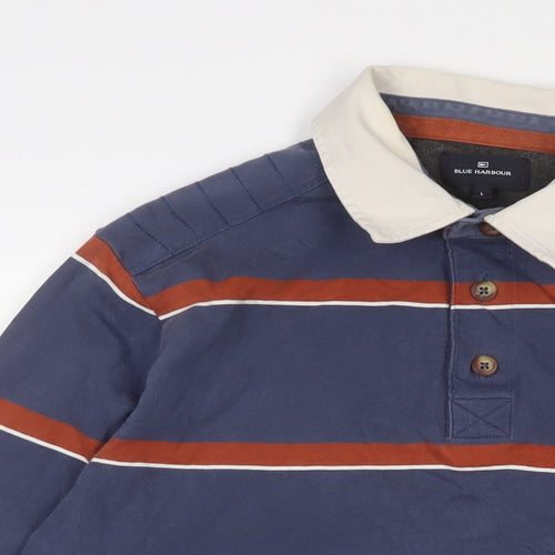 Blue Harbour Mens Blue Striped Cotton Polo Size L Collared Button - Logo, Embroidered