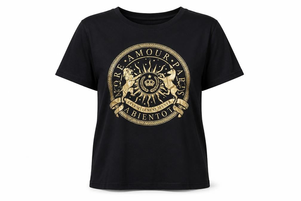 Front view of H&M women’s black cotton basic t-shirt, size L, crew neck - amour paris