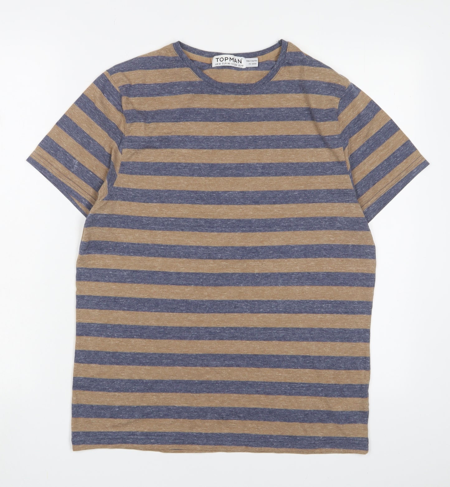 Topman Mens Brown Striped Polyester T-Shirt Size M Crew Neck