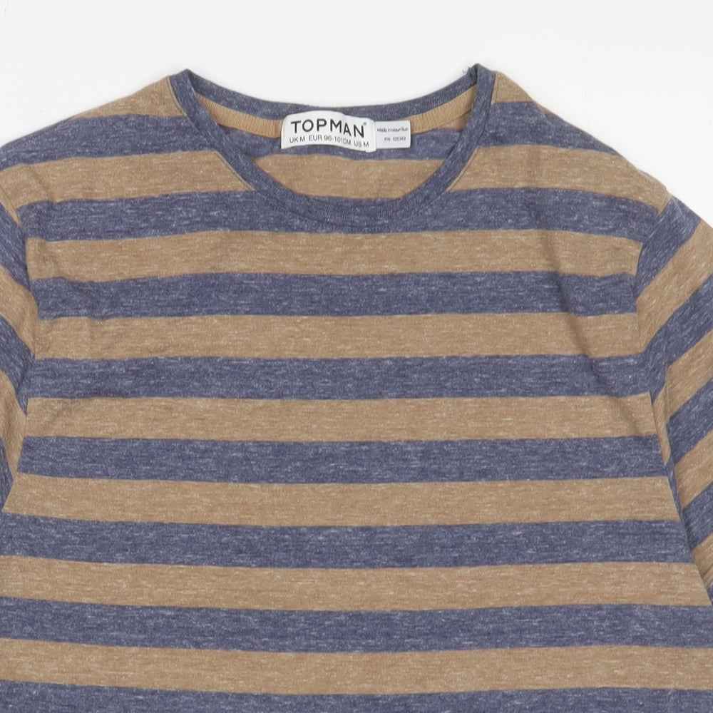 Topman Mens Brown Striped Polyester T-Shirt Size M Crew Neck