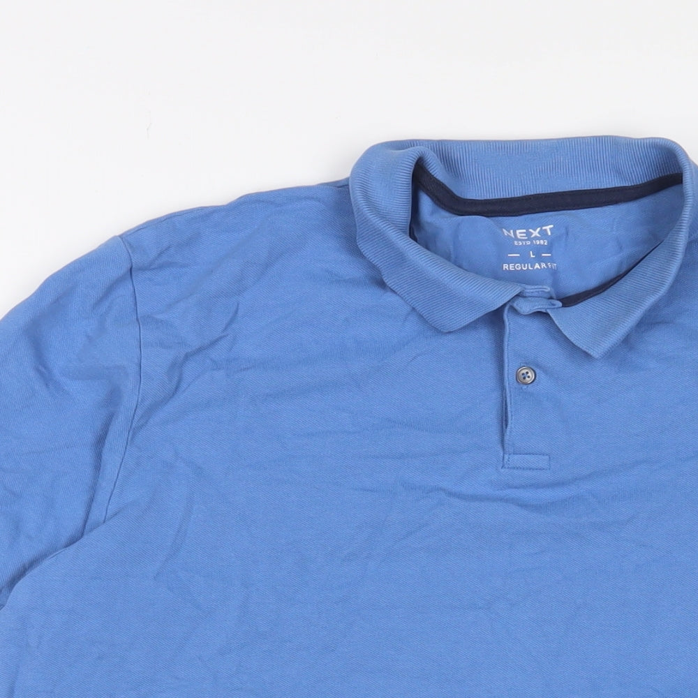 NEXT Mens Blue Cotton Polo Size L Collared Button - Logo, Embroidered