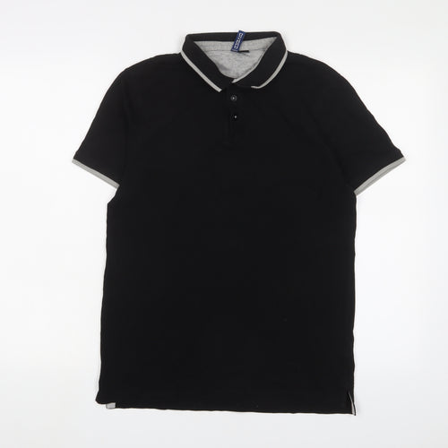 H&M Mens Black Cotton Polo Size M Collared Button