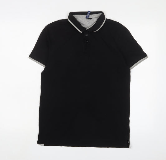 H&M Mens Black Cotton Polo Size M Collared Button